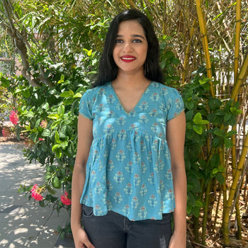 Traditional Block Print Teal Top and Shirt - Mom and Son Twinning Combo