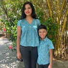 Traditional Block Print Teal Top and Shirt - Mom and Son Twinning Combo