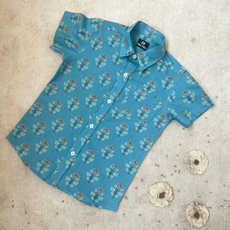 Traditional Block Print Teal Top and Shirt - Mom and Son Twinning Combo