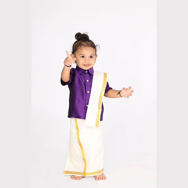 Traditional Dhoti & Violet Silk Shirt Set with Accessories