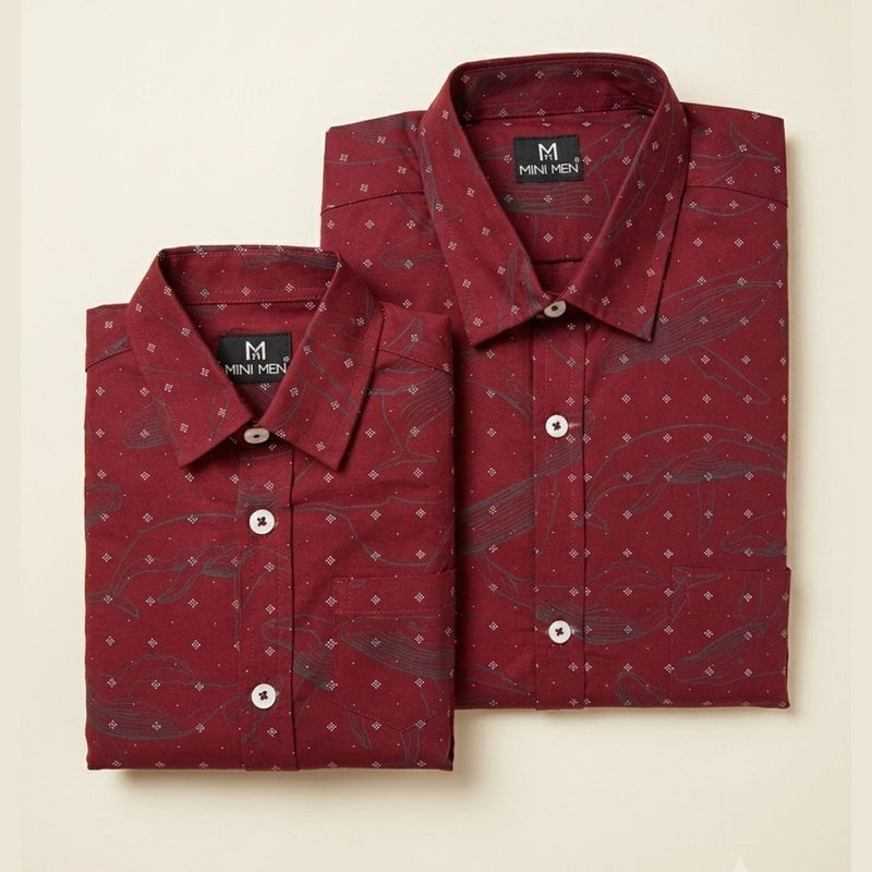 Whale Printed Red Dad n Son Twinning Shirts