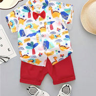 Dino Forest Printed Shirt and Red Shorts - Partywear