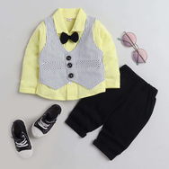 Yellow Shirt and Striped Waistcoat and Pant Set - Partywear