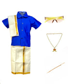 Traditional Dhoti & Blue Silk Shirt Set with Accessories