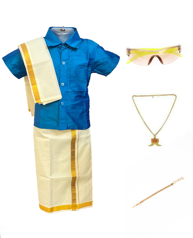 Traditional Dhoti & Dark Blue Silk Shirt Set with Accessories