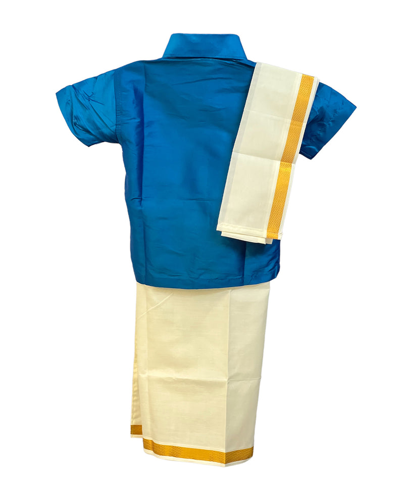 Traditional Dhoti & Dark Blue Silk Shirt Set with Accessories