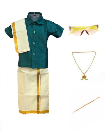 Traditional Dhoti & Green Silk Shirt Set with Accessories