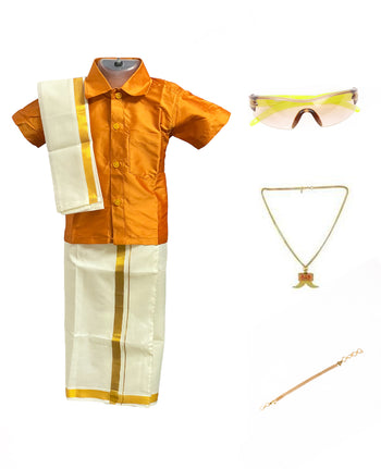 Traditional Dhoti & Bright Mustard Silk Shirt Set with Accessories