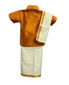 Traditional Dhoti & Bright Mustard Silk Shirt Set with Accessories