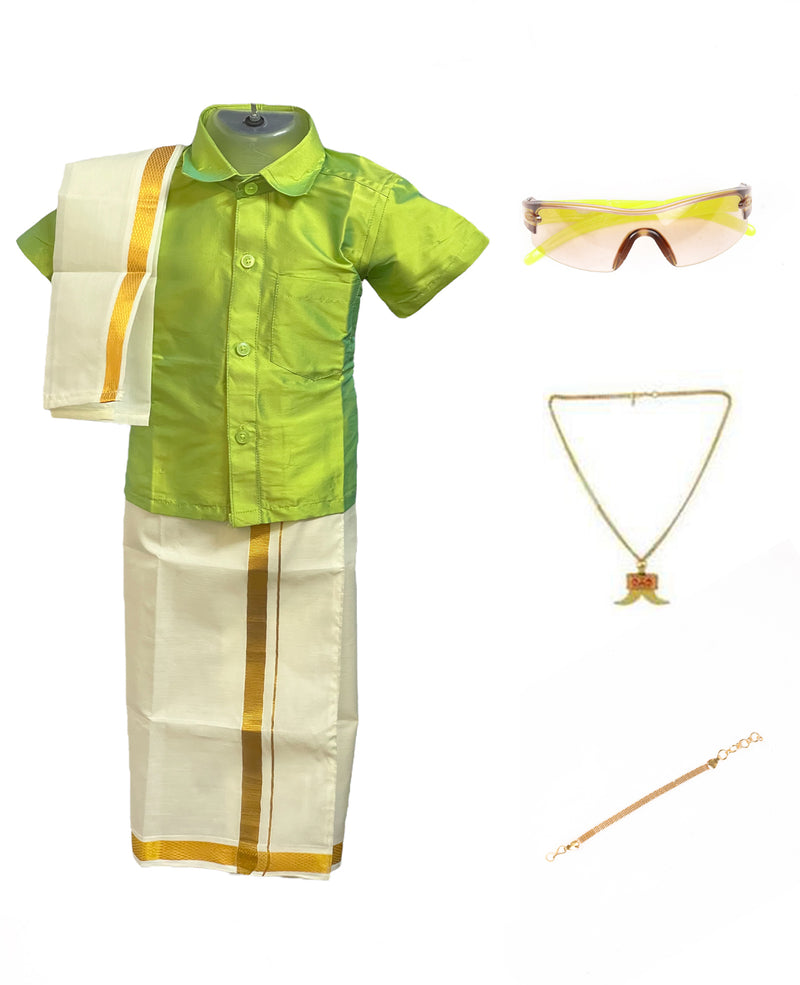 Traditional Dhoti & Bright Green Silk Shirt Set with Accessories