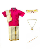 Traditional Dhoti & Bright Pink Silk Shirt Set with Accessories