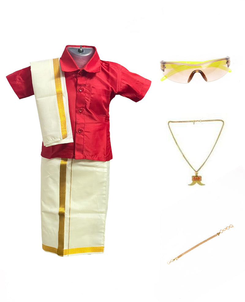 Traditional Dhoti & Red Silk Shirt Set with Accessories